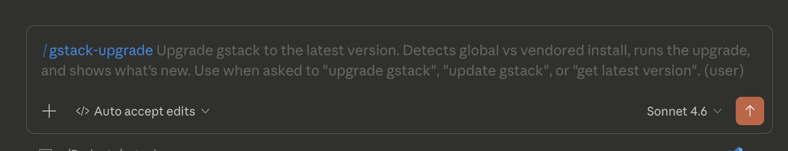 Пример обновления GStack через UI Claude Code
